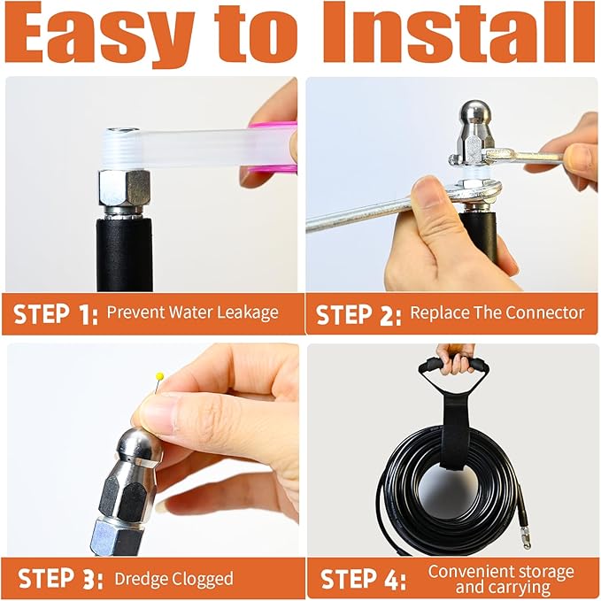 Sewer Jetter Kit for Pressure Washer 200FT, 5800PSI Drain Cleaner Hose with 1/4 Inch NPT Corner, Rotating Nozzle and 4 Different Button Nose Sewer Jet Nozzles, Waterproof Tape and 2 Spanners (Black)