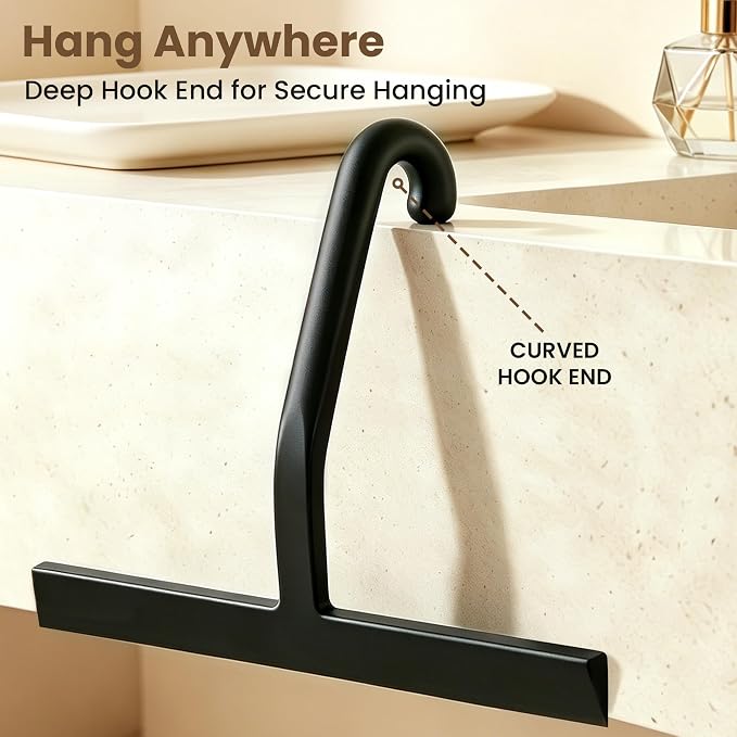 10 Inch Silicone Shower Squeegee for Glass Doors, Streak-Free, Black | No-Squeak Silicone Blade, Ergonomic Round Grip and Built-In Hook for Quick Daily Cleaning of Shower Glass, Tile and Windows