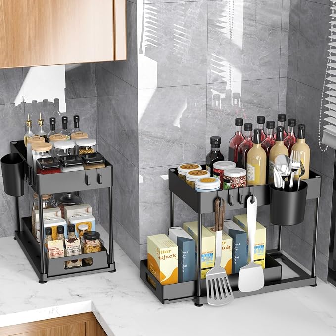 2 Pack Under Sink Organizer with Pull-Out Drawer, Black | 2-Tier Cabinet Storage, Kitchen & Bathroom, Tool-Free Assembly, Fits Cleaning Supplies & Toiletries, Space Saving