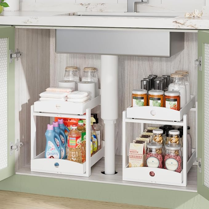 APRTAT 2 Pack Under Sink Organizer, Bamboo Wooden 2-Tier Pull-Out Storage with Sliding Drawers for Kitchen and Bathroom Cabinets, Easy Installation (White)