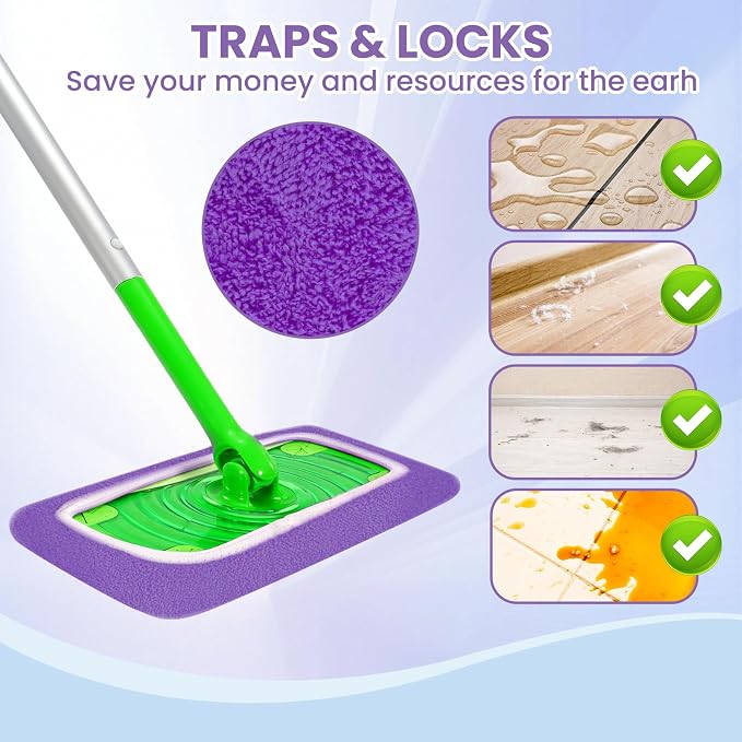 6 Pack Reusable Microfiber Mop Pads - Compatible with Sweeper, Reusable Mop Pads, Washable Dry Cloths & Wet Pads Refill for Hardwood Laminate Tile Floor Cleaning (6, Purple, M)
