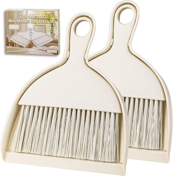 THINKLEARN 2PCS Small Dust Pan and Brush Set, Mini Broom Dustpan Kit | Portable Brush Dustpan Combo Set, Beige Cleaning Supplies