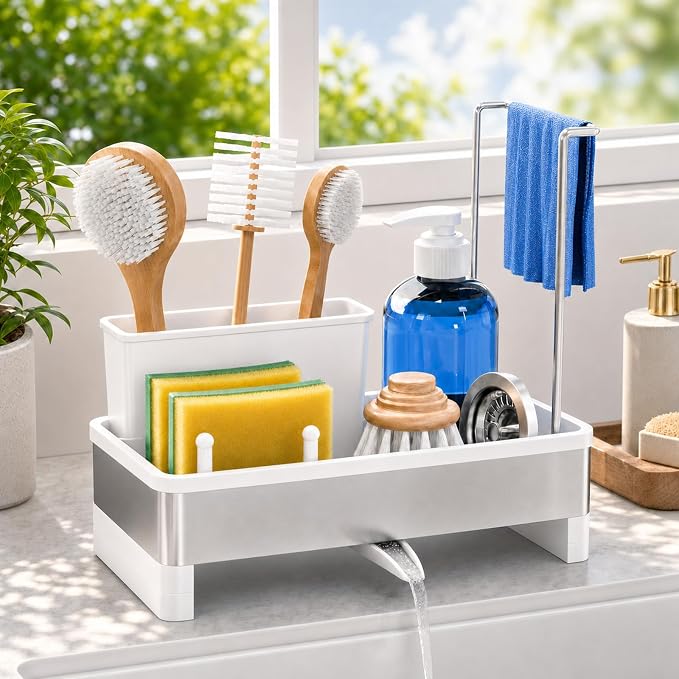 Laveshop Sponge Holder for Kitchen Sink, Rustproof Stainless Steel Sink Caddy with Auto-Drain, Removable Brush Holders, Soap and Dishcloth Organizer, White