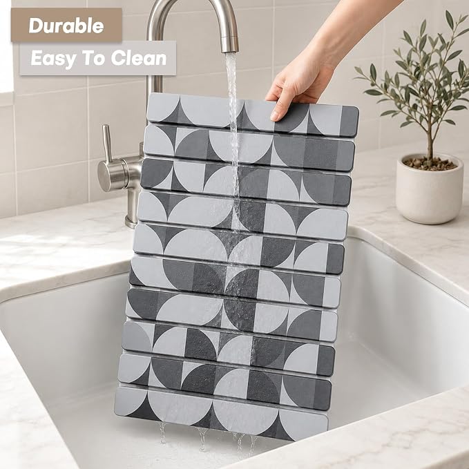 Large Stone Dish Drying Mat for Kitchen Counter, Quick Dry Diatomaceous Earth Dish Drying Pad, Foldable Water Absorbing Organizer Pad for Plates Bottles Utensils (Dark Gray Geometric 24"×16" & 8"×4")