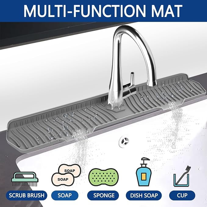 Kitchen Sink Splash Guard Gen2-30" x 6'' Silicone Sink Mat Splash Guard fit for Countertop, Bathroom,Farmhouse,RV by EBIGIC (Grey)
