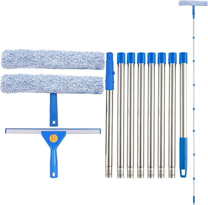 10Ft Window Squeegee with Long Handle, Window Washer for High Windows Glass | 14" Squeegee for Window Cleaning, 15" Microfiber Scrubber, 120" Window Cleaning Kit, Window Washing kit for Home, Outdoor