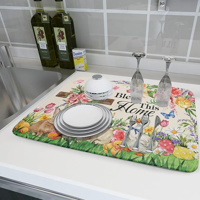 Easter Farmhouse Dish Drying Mat Funny Animal Microfiber Dish Pad for Kitchen Counter Large 18 X24 In