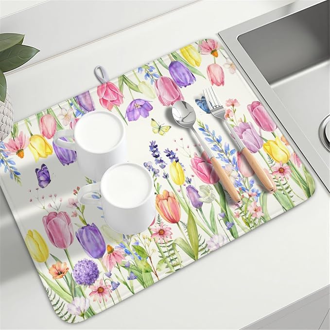 Spring Floral Dish Drying Mat for Kitchen Counter Easter Tulip Lavender Flower Microfiber Dish Drainer Mat Rustic Farmhouse Absorbent Washable Drying Pad Extra Large 18"x24"