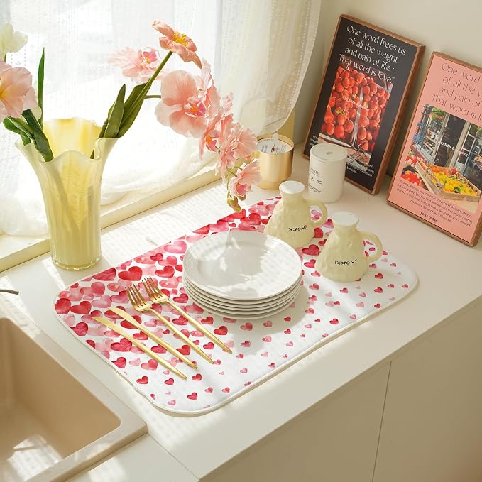 Valentines Dish Drying Mat 18x24 Inch Watercolor Red Pink Love Hearts Drying Mat Anniversary Day Holiday Absorbent Dish Drying Pad Dish Rack Drainer Mats for Kitchen Dining Counter