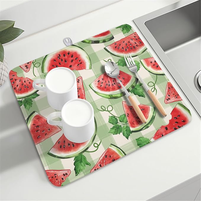 Summer Dish Drying Mat for Kitchen Counter Watercolor Watermelon Green Buffalo Plaid Microfiber Dish Drainer Mat Rustic Absorbent Washable Drying Pad 16"x18"