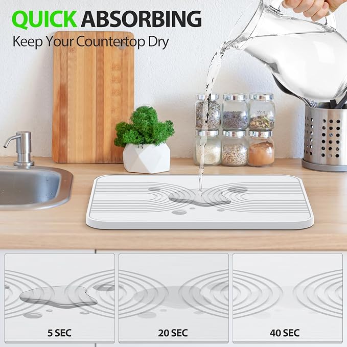2 PCS Stone Dish Drying Mat ＆ Silicone Mat for Kitchen Counter – Diatomaceous Earth Bath Mat for Bathroom, 16.14"L×12.4"W×2 Quick Dry Mats for Dishes ,Bottles, Cups, Match Any Countertop(White)