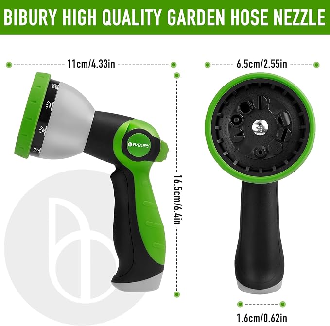 BIBURY Water Hose Nozzle Sprayer, Hand Sprayer with 10 Watering Patterns and On Off Valve Thumb Control, High Pressure Garden Hose Spray Nozzle for Watering Plants, Car Wash and Showering Pets (Green)