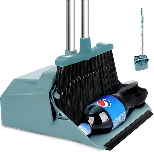 Tiumso Upgrade Broom and Dustpan Set, Broom with Dustpan Combo Sets, Large Brooms and Dust Pan with Handle, Self-Cleaning Dust Pans, Heavy Duty Broom and Dustpans Set for Lobby Kitchen Office - Green