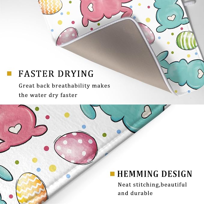 Easter Dish Drying Mat for Kitchen Counter Colorful Bunny Holiday Microfiber Absorbent Dish Draining Reusable Washable Foldable Extra Large 18"x24"