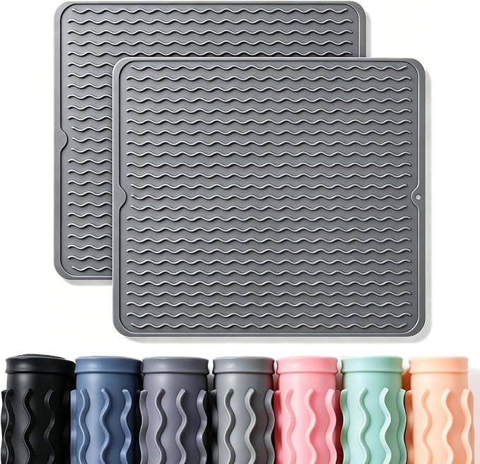 2 Pack Caketime Silicone Dish Drying Mat for Kitchen Counter Coffee Bar Accessories Heat Resistant Waterproof Dining Under Sink Organizers Dog food mat Must Haves Extra Large 18"x16" Gray