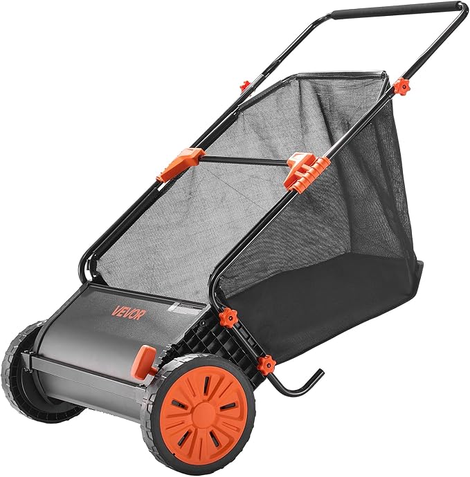 VEVOR Push Lawn Sweeper 26 in Leaf & Grass Collector 7 cu. ft. Hopper Bag | Heavy Duty Yard Sweeper with Adjustable Brush Height, Spinning Brushes, Rubber Wheels for Leaves Grass Cleanup, Black/Orange