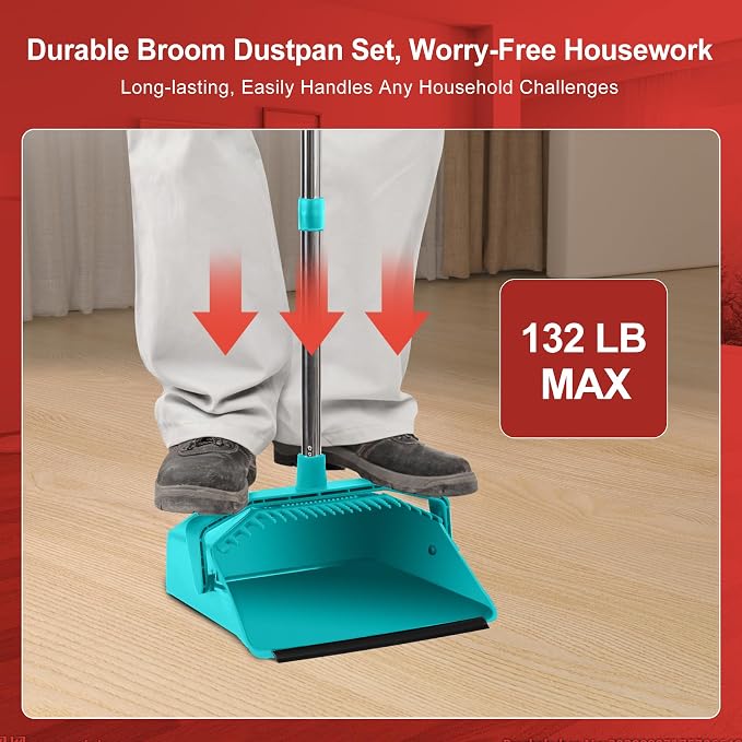 Broom and Dustpan Set for Home, 51" Long Handle Standing Dustpan Blue | Self-Cleaning Dust Pan and Brooms, ZeroGap Lip, Upright Storage Broom Combo for Kitchen Lobby Office Restaurant Indoor