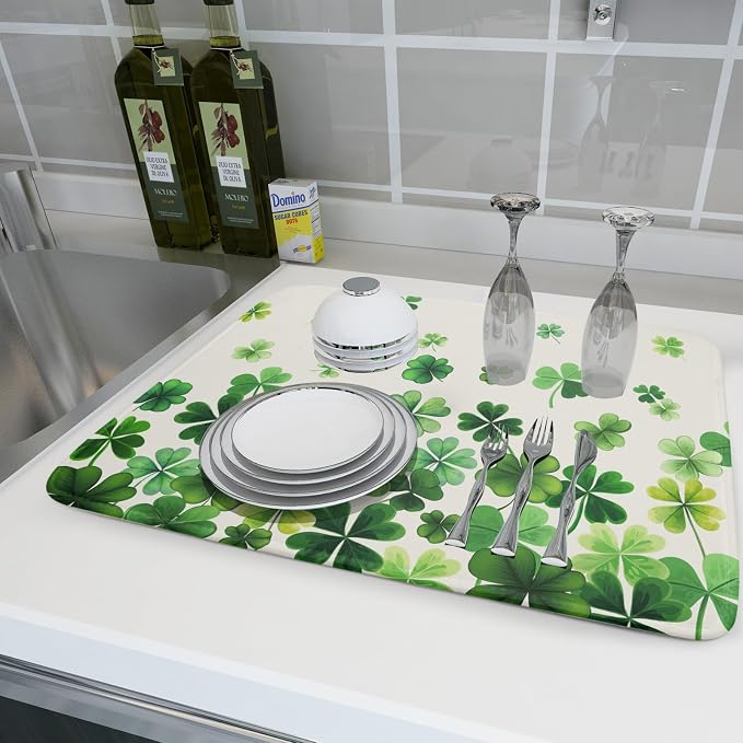 Happy St. Patrick's Day Dish Drying Mat for Kitchen Green Kitchen Dish Drying Mat for Dishes Spring Lucky Clover Shamrock Drying Mats 18x24 Inch Absorbent Reversible Dish Pad for Countertop Coffee Bar