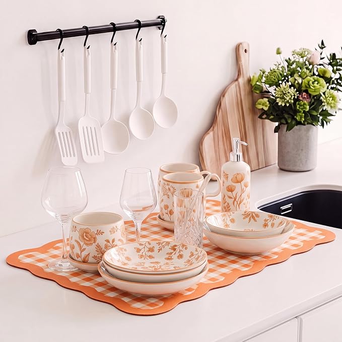 Scalloped Gingham Coffee Mat 12" x 20" Absorbent Coffee Bar Mat Gingham Espresso Matt for Counter(Orange)
