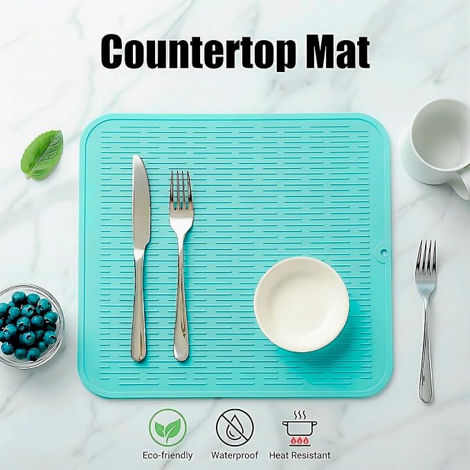 MicoYang Silicone Dish Drying Mat for Multiple Usage,Easy clean,Eco-friendly,Heat-resistant Silicone Mat for Kitchen Counter or Sink,Refrigerator or Drawer Liner Mint XL 18 inches x 16 inches