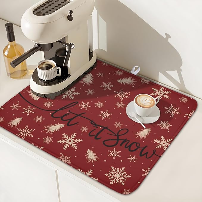 Christmas Snowflake Dish Drying Mat for Kitchen Counter 16x18 Inch | Red Xmas Theme Snowflakes Trees Snowy Dish Drainer Mat Rustic Winter Holiday Absorbent Washable Drying Pad