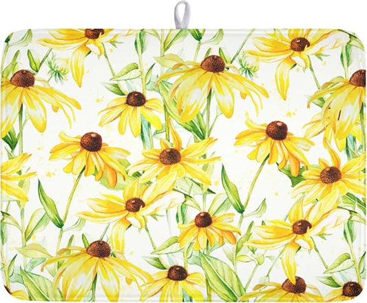 Yellow Sunflower Dish Drying Mat for Kitchen Counter 18x24 Inch | Floral，Polyester，Absorbent Microfiber，for Coffee Dining Bar Decor