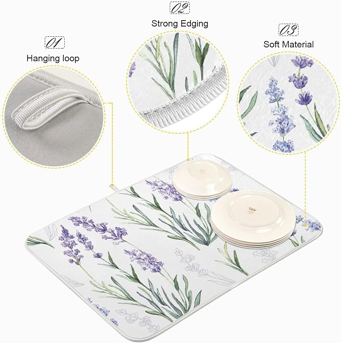 Absorbent Dish Drying Mat for Kitchen Counter - Cute Purple Lavender Microfiber Drying Pad, Reversible Drainer Mats for Countertop, Large 18 x 24 inch