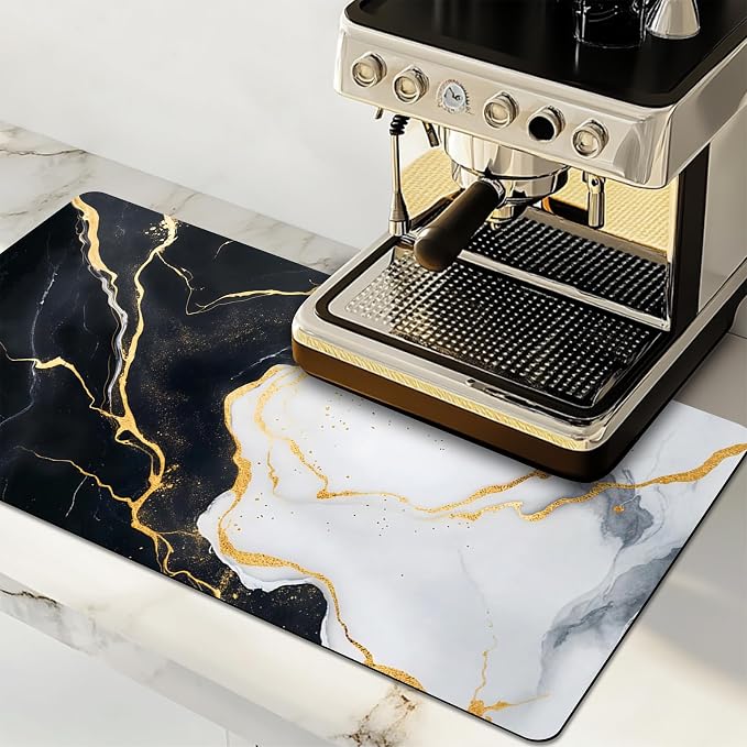 Dish Drying Mat Large Coffee Mat Absorbent Drying Mat for Kitchen Counter Coffee Bar Accessories 32"x 17", White Gold Marble
