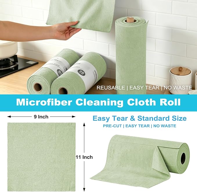 Puomue 55 Pack Microfiber Cleaning Cloth Roll, Tear Away Reusable Towels, 11" X 9", Ultra Absorbent & Lint Free Microfiber Cloth for Cleaning, Kitchen, Window (Olive Green, 11" L x 9" W)