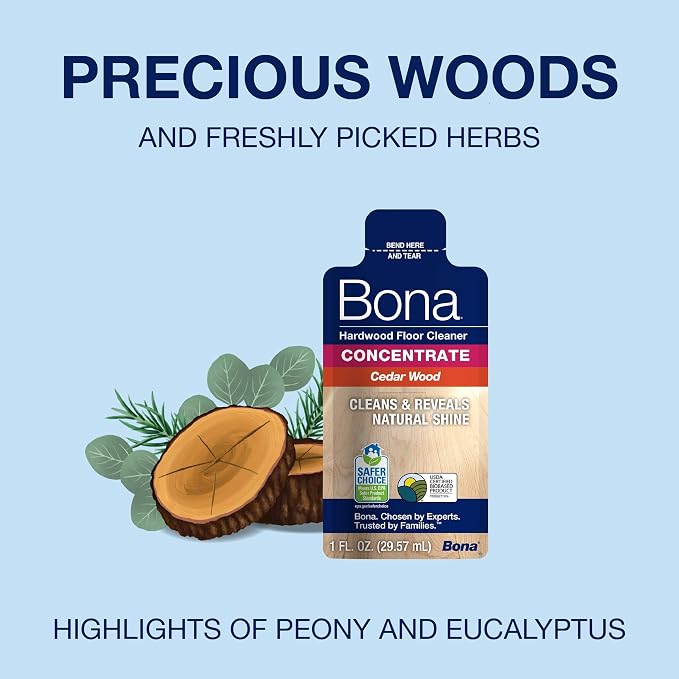 Bona Hardwood Floor Cleaner Concentrate, Cedar Wood Scent, 1 fl oz, Pack of 4 (Makes 128 fl oz) - Residue-Free Floor Cleaning Concentrate Spray Mop and Spray Bottle Refill - For Wood Floors