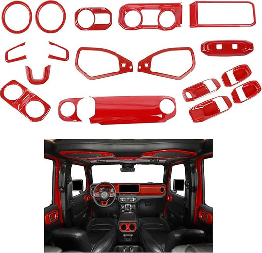 21PCS Full Set Interior Trim Kit for 2024-2026+ Jeep Wrangler JL JLU & Jeep Gladiator JT, Dashboard Side Outlet Door Handle Bowl Headlight Switch Roof Reading Light Cover (Red)