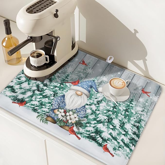 Giwawa Winter Gnome Dish Drying Mat Pine Tree Dishes Pad 18"x24" Microfiber Absorbent Fast Dry Drainer Rack Mats Protector for Kitchen Countertop