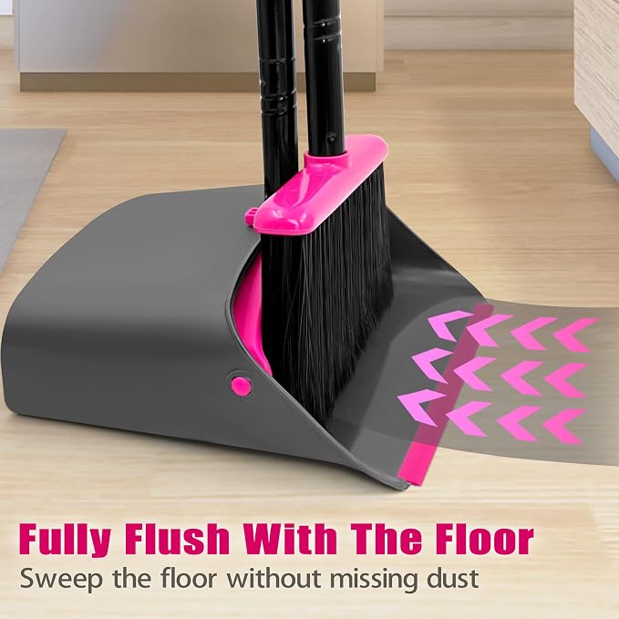 JEHONN Broom with Dustpan Combo Set, Long Handle Lightweight Indoor Broom Set, Upright Standing Dust Pan with Comb Teeth Store Sweep Set for Home Room Kitchen Office Lobby (Rose Red)