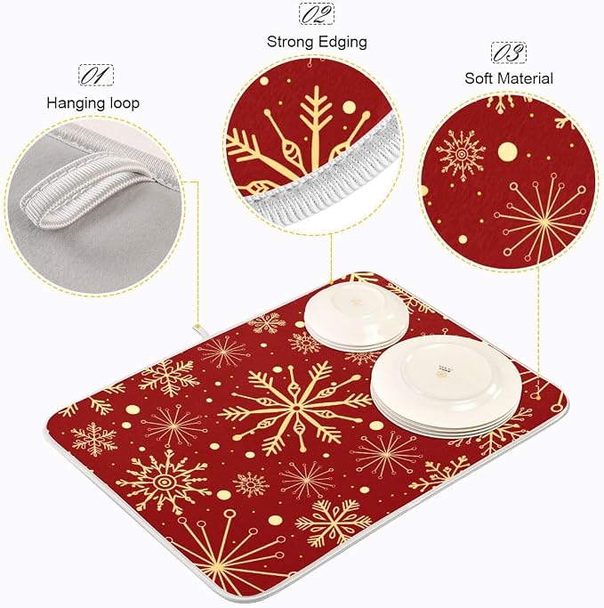 Christmas Snowflakes On Red Dish Drying Mat for Kitchen, Absorbent Microfiber Drying Pad Dish Mat, 16" X 18"