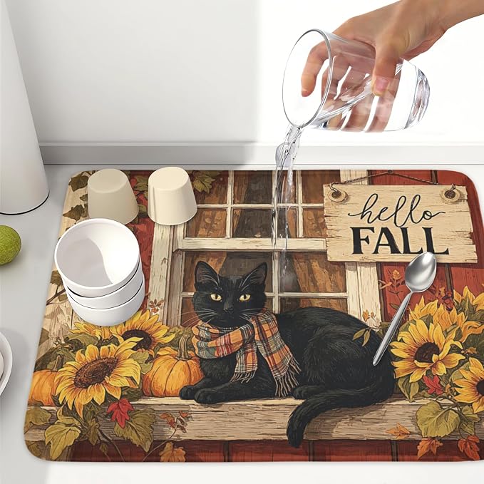 Fall Dish Drying Mat for Kitchen Counter Vintage Autumn Cat Sunflower Pumpkin Microfiber Dish Drainer Mat Rustic Farmhouse Absorbent Washable Drying Pad Extra Large 18"x24"