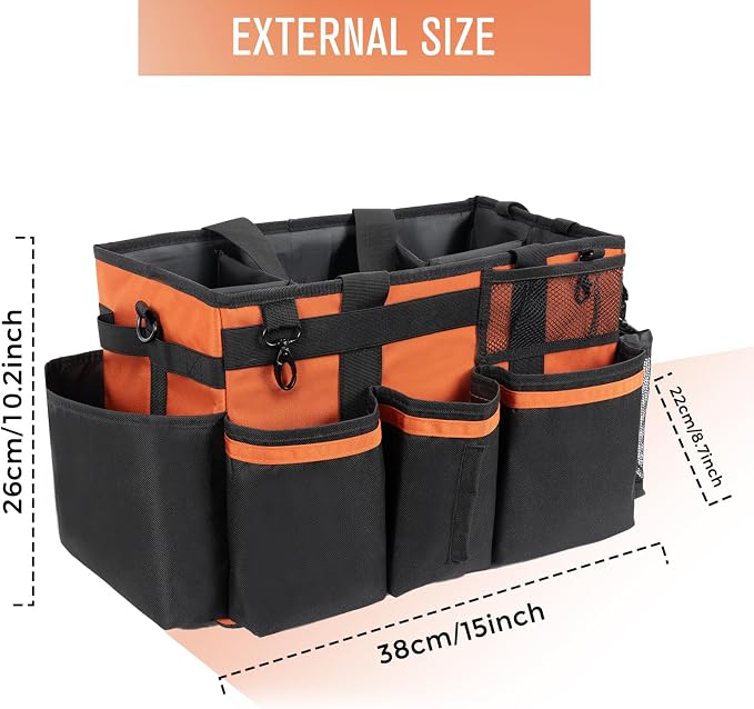 SCAVATA Wearable Cleaning Caddy, Cleaning Caddy Supplies Organizer with Handle & Shoulder Straps for Housekeepers, Under Sink & Car Cleaning Tool Organizers Bag with 4 Foldable Divider (RetroOrange)