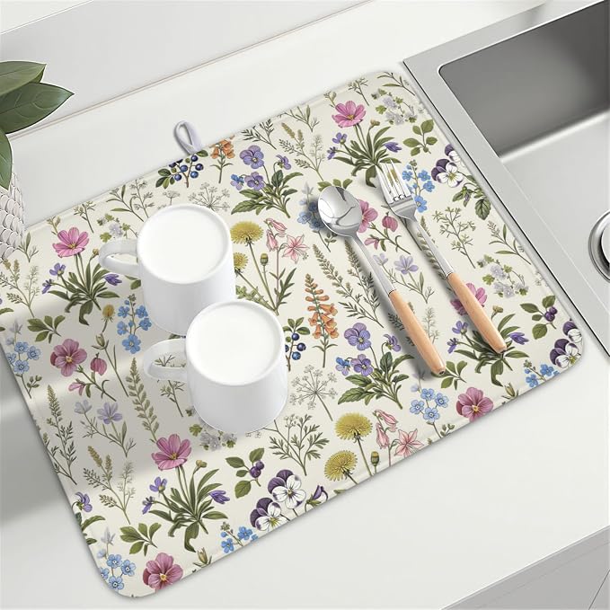 Rustic Botanical Print Floral Dish Drying Mat 18x24 Inch | Polyester，Absorbent Microfiber，for Kitchen Coffee Dining Bar Decor