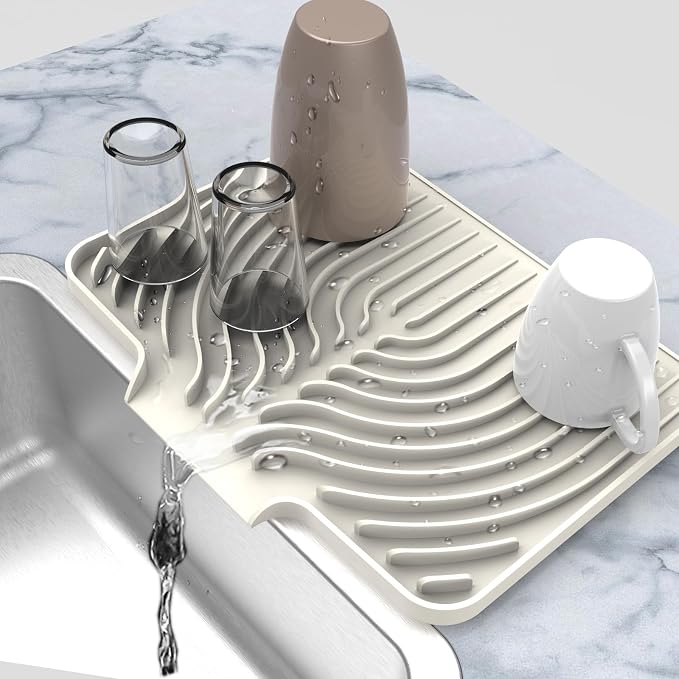 Kitchen Counter Dish Drying Mat, 14.6"x11" Dish Drying Rack(cream) | Various Sizes & Colors,Steep-Slope Built in Drain,High-fin Ventilation,Food-grade Silicone,500F heat resistant,for Flat sinks