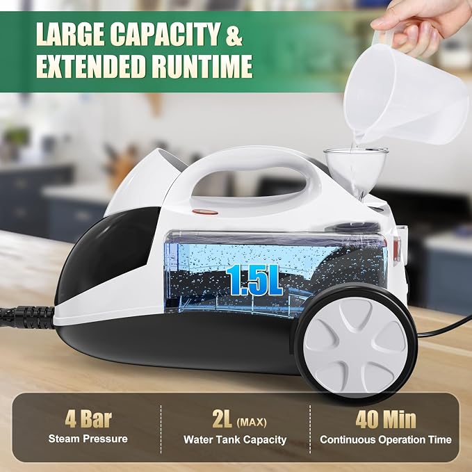 Rolipo Steam Cleaner for Home, High-Temp, 99.9% Stain Removal, Full Kit | Pressure: 4 bar, Tank: 2L, 2000W, Chemical-Free Cleaning, Multipurpose Steamer for Floors, Cars,Tiles, Kitchen Bathroom Grout