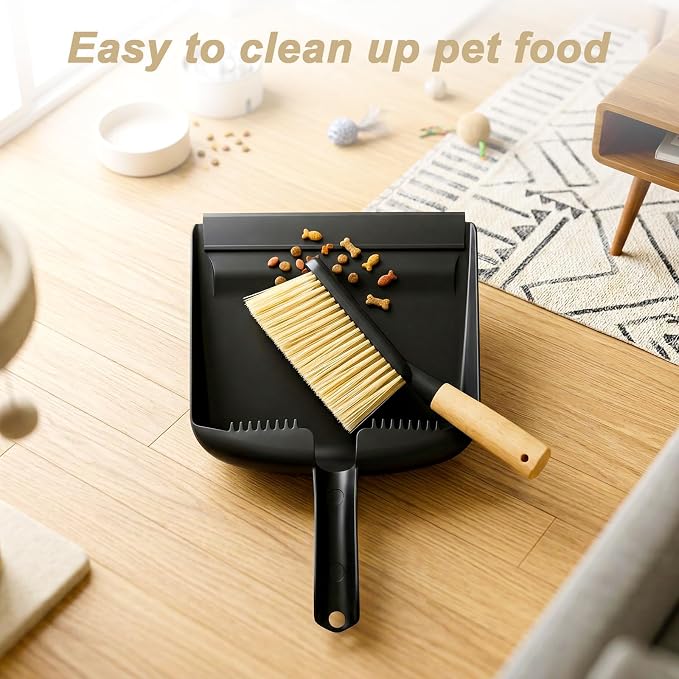 Mini Dustpan and Brush Set with Bamboo Handle, Black, 1 Set | Portable Multipurpose Broom Dustpan Set with Handle Teeth, for Desktops, Bedroom, Kitchen, Pet Care, Camping