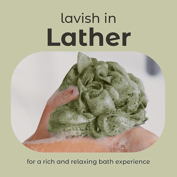 MainBasics Shower Loofah Sponge Pouf, Set of 3, Earthy Love | Soft Mesh Body Scrubber and Bath Sponge for Gentle Exfoliation, Rich Lather, and Everyday Shower Use