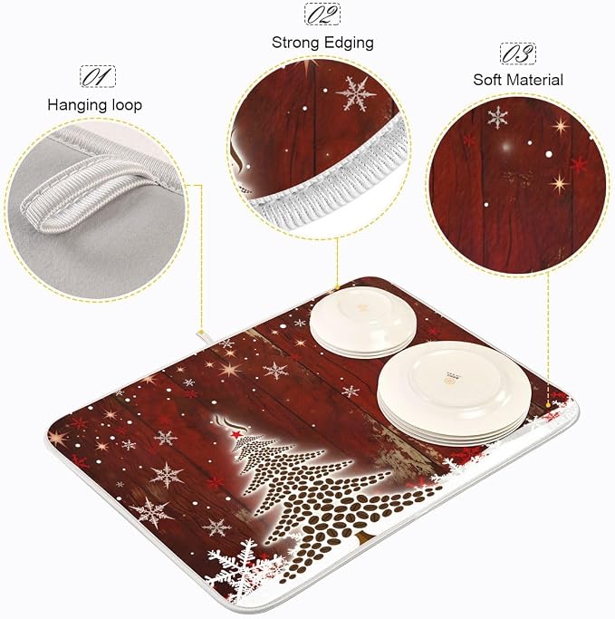Christmas Tree With Coffee Beans Dish Drying Mat for Kitchen, Absorbent Microfiber Drying Pad Dish Mat, 24" X 18"