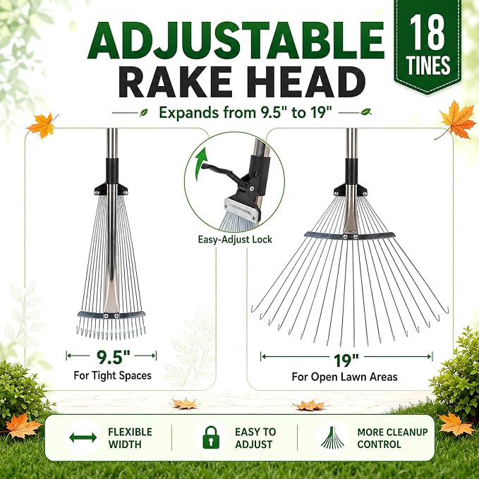 Leaf Collector Garden Rake Set - Adjustable 18 Tines Leaf Rakes & Leaf Picker Upper & 72 Gallon Lawn Waste Bag, Heavy Duty Collect Rake, Hand Leaf Scoop, Brown Paper Dumpster, Yard Gardening Tool