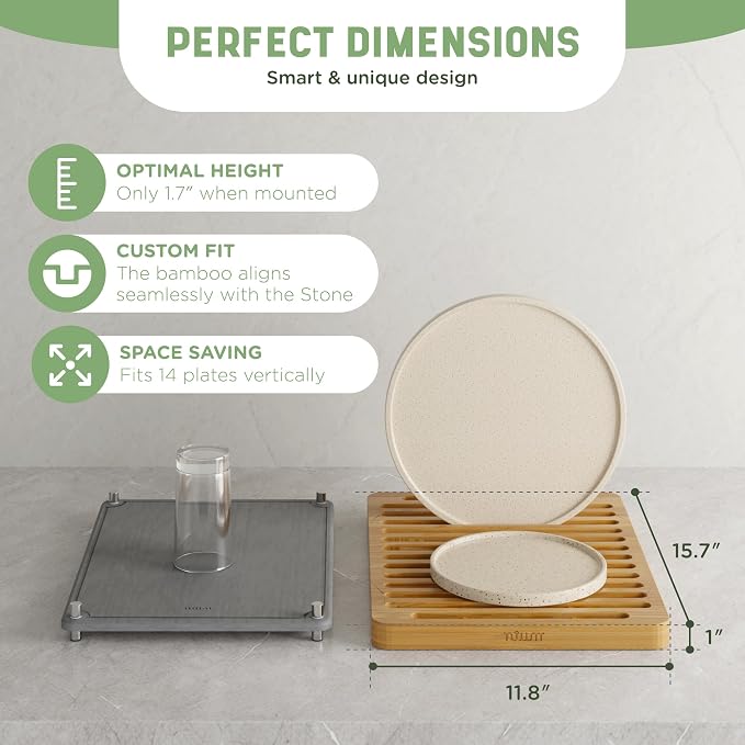 NIUM Stone Drying Mat for Kitchen Counter & Bamboo Rack - 16″x12″ | Diatomaceous Earth Dish drying mat Ultra Absorbent & Fast Drying - EcoFriendly with Non-Slip Pads & Anti-Moisture Design