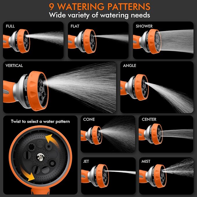 RESTMO Hose Nozzle Heavy Duty, Metal Water Hose Sprayer for Garden | 9 Spray Patterns, Leak Proof, Thumb Flow Control, On/Off Valve, Ideal for Outdoor Lawn & Plant, Car & Pet, Orange