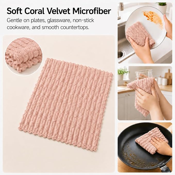 kimteny Microfiber Dish Cloths for Kitchen, 24 Pack 12 x 12 Inch Coral Velvet Kitchen Cleaning Cloths, Absorbent Reusable Non-Scratch Dish Rags for Dishes, Countertops & Sink