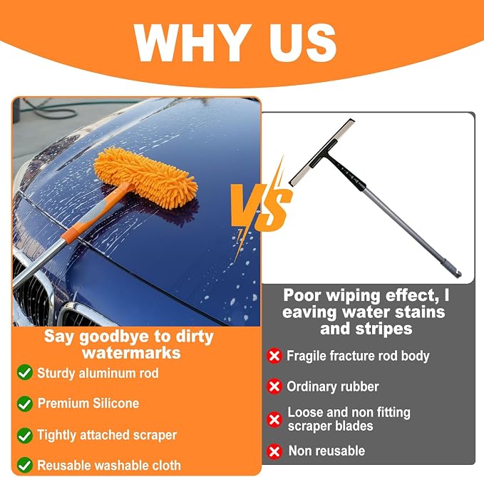 67" Window Squeegee for Window Cleaning with Extension Pole, 3-in-1 | Rotatable Lock Design,Stainless, Professional Window Cleaner Tool Kit for Indoor Outdoor High Windows,Car Glass,Shower Doors
