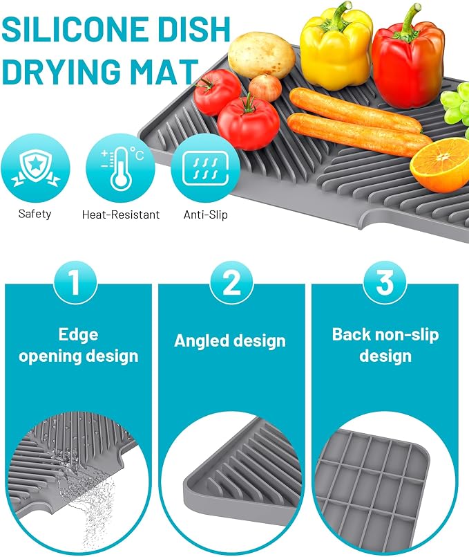 Dish Drying Mat Kitchen Counter - Silicone Dish Drying Pad with Built-in Drain for Sink, Refrigerator and Drawer liner, Easy Clean, Non-Slip, Heat Resistant, 15.8" x 13"