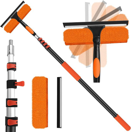 18FT High Window Cleaning Kit with Pole,Professional 2 in 1 Window Squeegee | 3-12FT Window Clean Pole Kit,2 Squeegee & 2 Microfibre Cloths,180°Rotatable Squeegee for Indoor/Outdoor High Windows