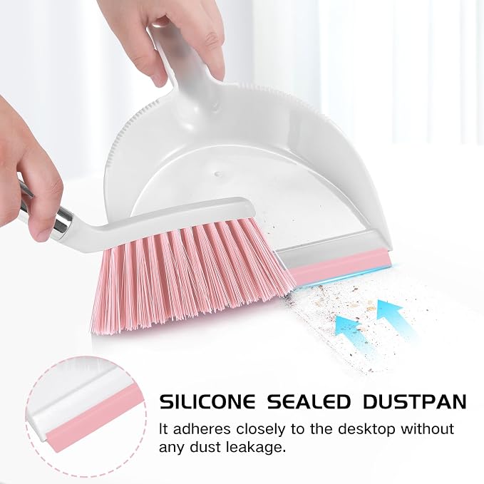 NACENA Mini Broom and Dustpan Set 2 Packs, Small Dust Pan and Brush Set with Handle Dustpan Teeth for Cleaning Hair Suitable for Office Desks Drawers Sofas Outdoor Camping, Pink
